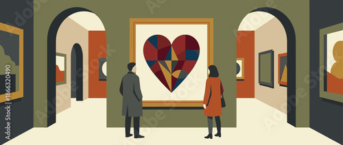 Stylish man and woman couple seen from behind admiring a large colorful geometric heart painting hanging on a wall in a modern art museum gallery with arches