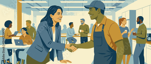 Smiling businesswoman and a male worker shaking hands in a busy office breakroom with diverse colleagues collaborating, representing partnership and agreement in a modern illustration
