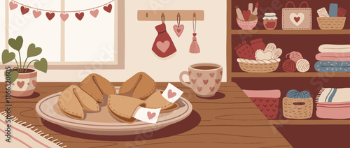 Romantic fortune cookies with heart love notes on a plate in a cozy room decorated for Valentine's Day with a cup of coffee and a plant