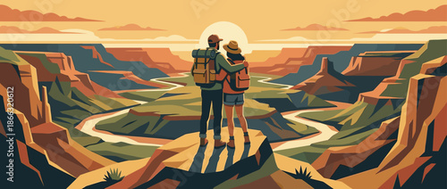 Romantic couple of travelers with backpacks standing on a cliff edge admiring an epic canyon landscape with a winding river at sunset, a panoramic vector illustration