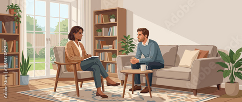 Compassionate female therapist listens to a man during a private counseling session in a comfortable, sunlit office with large windows and bookshelves