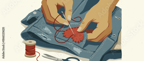 Hands sewing a red heart-shaped patch onto a worn blue denim jacket with a needle and thread in a textured illustration style, representing love, care, and repair