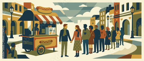 Stylized illustration of diverse people queuing for a hot dog stand on a charming city street with heart motifs symbolizing community and love in a flat graphic art style