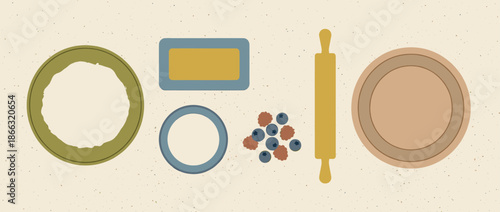Flat lay illustration of baking ingredients and tools like a rolling pin, pie dishes, and fresh berries arranged neatly on a textured background