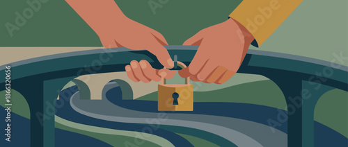 Romantic couple's hands fastening a shiny golden love lock onto a bridge railing over a river in a minimalist, modern graphic illustration with a muted color palette