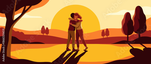 Affectionate man and woman hugging tightly in a warm embrace, standing together in a scenic landscape with rolling hills and trees during a beautiful golden orange sunset