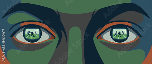 Intense stylized eyes in a close-up vector illustration reflecting a soccer match with players on a green pitch, symbolizing a fan's passion and concentration