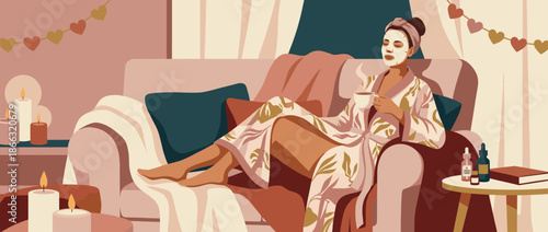 Relaxed woman with a white facial mask and floral robe sits on a cozy sofa holding a hot drink during her home spa and skincare routine in a candlelit room