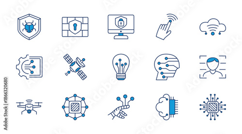 Technology AI thin line icon set. Containing antivirus, firewall, computer security, remote, cloud save