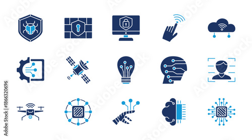 Technology AI thin line icon set. Containing antivirus, firewall, computer security, remote, cloud save