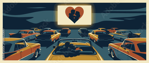 Drive-in movie theater scene with vintage cars parked at night watching a romantic film with a heart on the screen, creating a nostalgic and lovely atmosphere