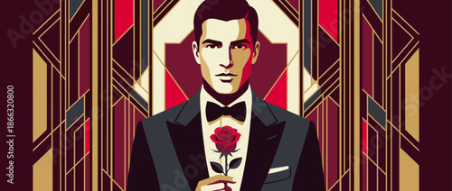 Elegant man in a formal suit and bow tie holding a red rose with a romantic and mysterious gaze, depicted in a classic Art Deco illustration style with a geometric pattern