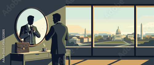 Businessman in a dark suit adjusts his tie while looking in a mirror, preparing for a successful day in his modern office overlooking a capital city