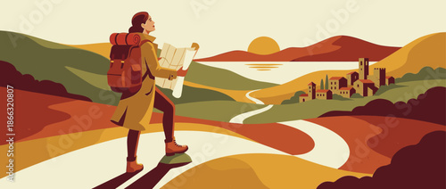 Female traveler with a large backpack holds a map while standing on a path overlooking a scenic coastal village at sunset in a warm, flat vector illustration style