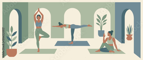 Three women practicing various yoga poses together in a serene, modern studio with architectural arches and potted plants, depicted in a calm, flat illustration style with a textured finish