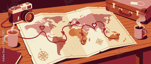 Illustrated world map with a romantic travel route marked by a red rope and heart pins, laid out on a wooden desk with a vintage camera, suitcase, and coffee
