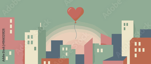 Red heart-shaped balloon floating gracefully above a stylized urban landscape with minimalist buildings, rendered in a muted retro color palette with a subtle texture