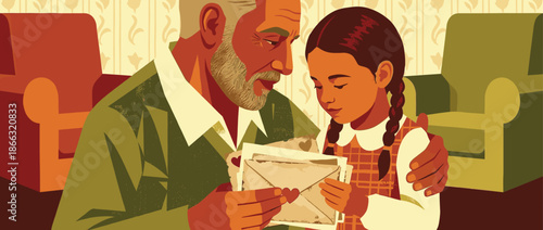 Loving elderly grandfather and his young granddaughter looking at old letters together, sharing a sentimental moment in a retro-styled living room illustration