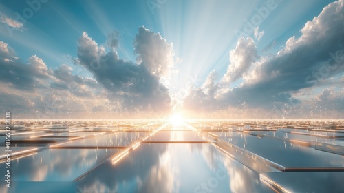 Serene Horizon with radiant sunbeams breaking through fluffy clouds over a reflective water surface creating a tranquil and inspiring landscape