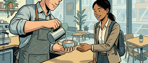 Friendly male barista in an apron serves a smiling female customer a fresh cup of coffee with latte art in a modern, bright cafe with large windows