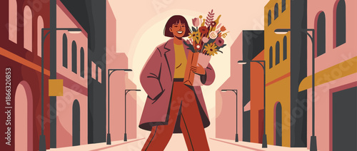 Happy stylish young woman holding a large bouquet of flowers smiles while walking down a city street in a modern flat illustration with a warm color palette