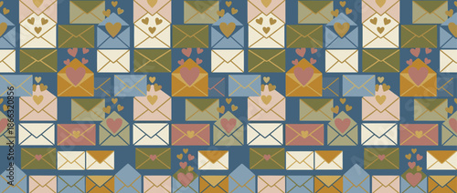 Seamless pattern of colorful love letter envelopes with hearts in a flat graphic style, a romantic vintage illustration for Valentine's Day on a dark blue background