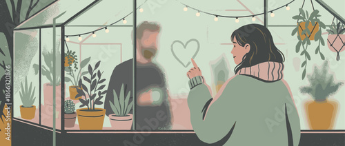 Woman in a green sweater drawing a heart on a foggy glass window to a man inside a cozy greenhouse filled with plants and decorated with glowing string lights