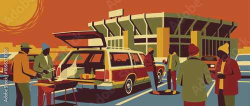 Group of friends enjoying a tailgate party in a stadium parking lot, grilling food next to a vintage station wagon in a retro illustration style