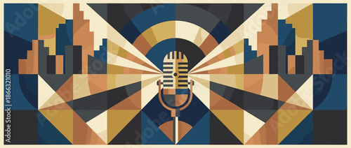 Vintage Art Deco style microphone illustration with radiating light beams against a symmetrical, geometric cityscape background in a retro blue, brown, and gold color palette