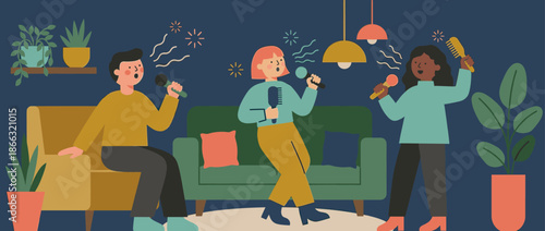 Three diverse friends singing karaoke together at a fun home party in a cozy living room, a flat vector illustration showing friendship and entertainment