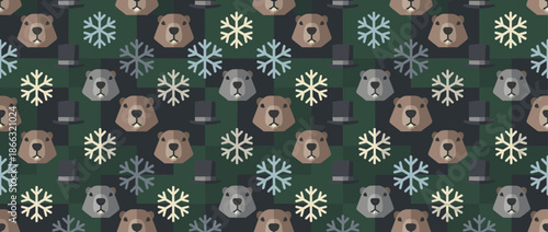 Seamless Groundhog Day pattern with cute marmots, snowflakes, and top hats in a flat geometric style on a dark green plaid background for holiday decoration or wrapping paper