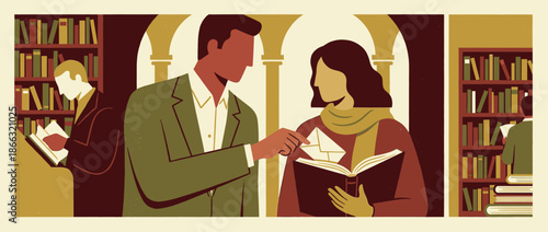 Man and woman secretly exchanging a letter in a book inside a vintage library, depicted in a minimalist, graphic illustration style