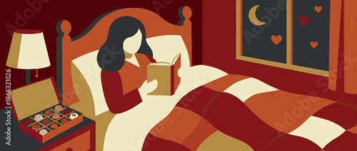 Faceless woman reading a book in a cozy bed under a warm patchwork quilt at night, with a box of chocolates on the bedside table and a romantic moon in the window