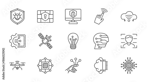 Technology AI thin line icon set. Containing antivirus, firewall, computer security, remote, cloud save
