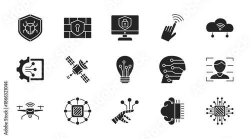 Technology AI thin line icon set. Containing antivirus, firewall, computer security, remote, cloud save