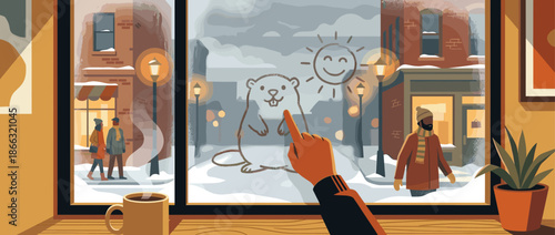 Person's hand drawing a cute groundhog and sun on a steamy cafe window while looking out at a snowy city street scene during a cozy winter evening