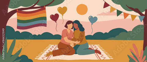 Loving lesbian couple of two women embracing tenderly on a picnic blanket during a romantic outdoor celebration with a rainbow pride flag, balloons, and warm sunset light