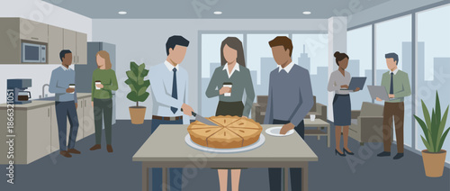 Diverse group of office workers celebrating together in a modern kitchen, with one colleague cutting a large pie while others drink coffee and socialize during a company break