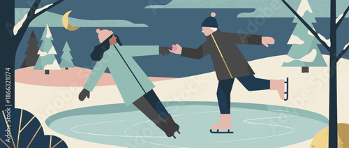 Romantic couple in warm winter clothes holds hands while ice skating together on a frozen pond in a snowy forest at night, a modern flat vector illustration