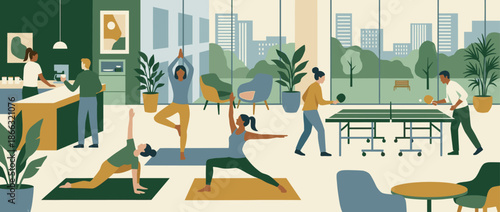 Diverse group of colleagues enjoying wellness activities like yoga and table tennis in a modern, bright office space promoting a healthy work-life balance