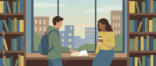 Young man and woman studying together with an open book in a library or bookstore, standing by a large window with a cityscape view and surrounded by bookshelves