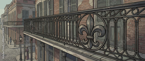 Ornate wrought iron balcony railing with a fleur-de-lis symbol on a historic brick building with shutters, depicted in a moody, vintage comic book illustration style