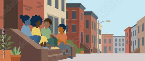 Diverse group of young friends sitting on the front steps of a brick townhouse, talking and relaxing together in a quiet urban neighborhood street scene