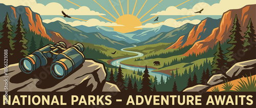 Beautiful mountain valley landscape illustration with a river, pine trees, and binoculars on a rocky viewpoint during a vibrant sunrise