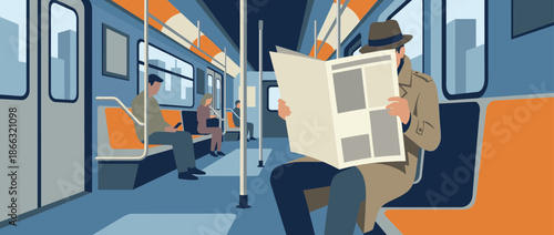 Man in a classic fedora and trench coat reading a newspaper while commuting on a public subway train, a flat vector illustration of urban life and travel