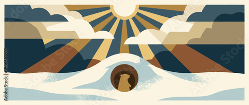 Stylized groundhog illustration peeking from its burrow in a snowy landscape under a radiant sun, a flat graphic art piece symbolizing the end of winter and the arrival of spring