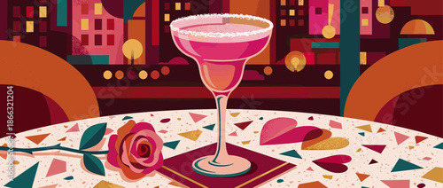 Pink cocktail in a classic margarita glass with a salted rim sits on a terrazzo table with a romantic rose and hearts against an abstract city skyline at night