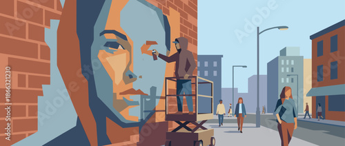 Large, colorful mural of a woman's face being spray-painted by an artist on a scissor lift against a city street scene with pedestrians