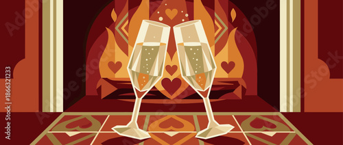 Two geometric champagne flutes toasting romantically in a cozy setting with a warm fireplace, burning logs, and heart decorations for a special celebration