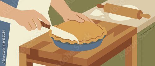 Person wearing an apron carefully slices a homemade golden pie with a knife on a wooden table, with a rolling pin and flour visible in this cozy baking scene illustration